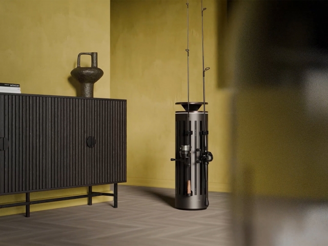 Raum-mit-chinesischen-Stiel-und-gelben-Waenden-und-Produkt-Makara-Works-in-dunkelgrau-glaenzend