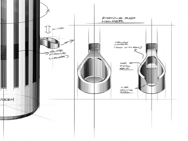 Handzeichnungen-von-Produkt-Kraken-in-Seitenansicht-Produkt-ist-in-Form-eines-zulaufenden-Zylinders-mit-Lamellen