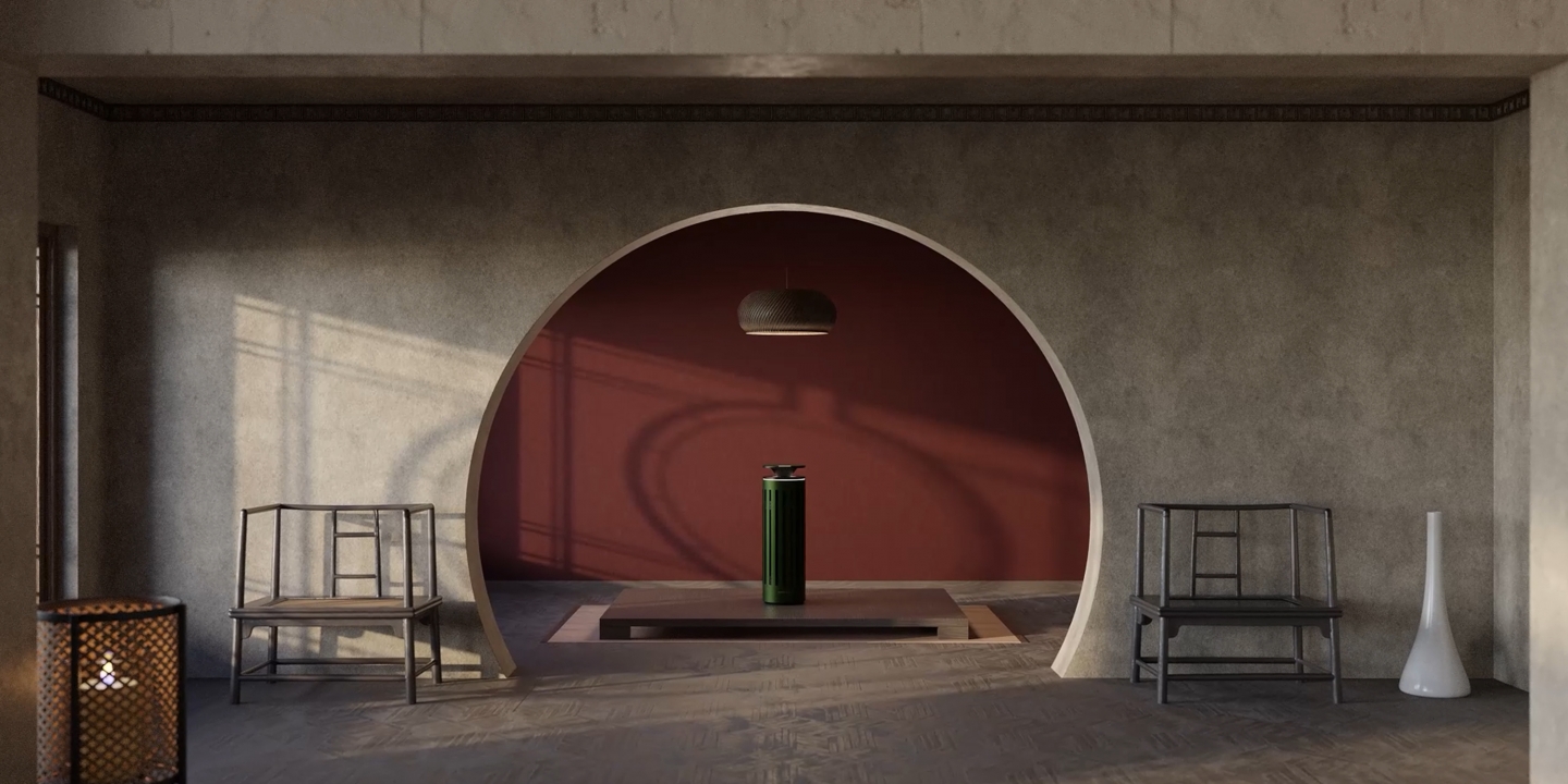 Raum-in-chinesischen-Stiel-in-dezent-beige-und-rundbogen-und-roten-hintergrund-setzt-gruenes-Produkt-in-Scene