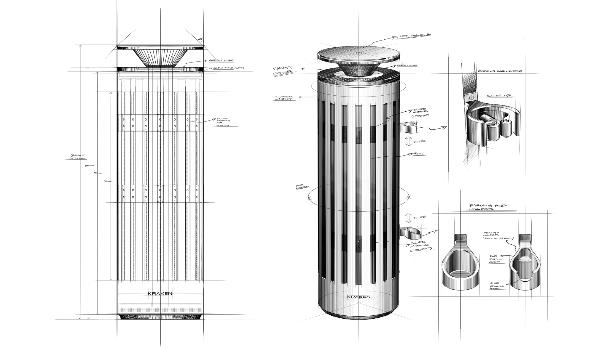 Handzeichnungen-von-Produkt-Kraken-in-Seitenansicht-Produkt-ist-in-Form-eines-zulaufenden-Zylinders-mit-Lamellen