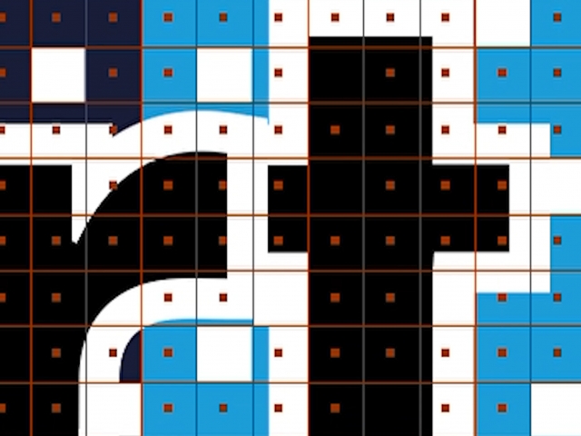 Detailfoto-von-Raster-mit-Schriftzug-in-schwarz-blau-weiß-mit-roten-Rasterlinien-und-Punkten