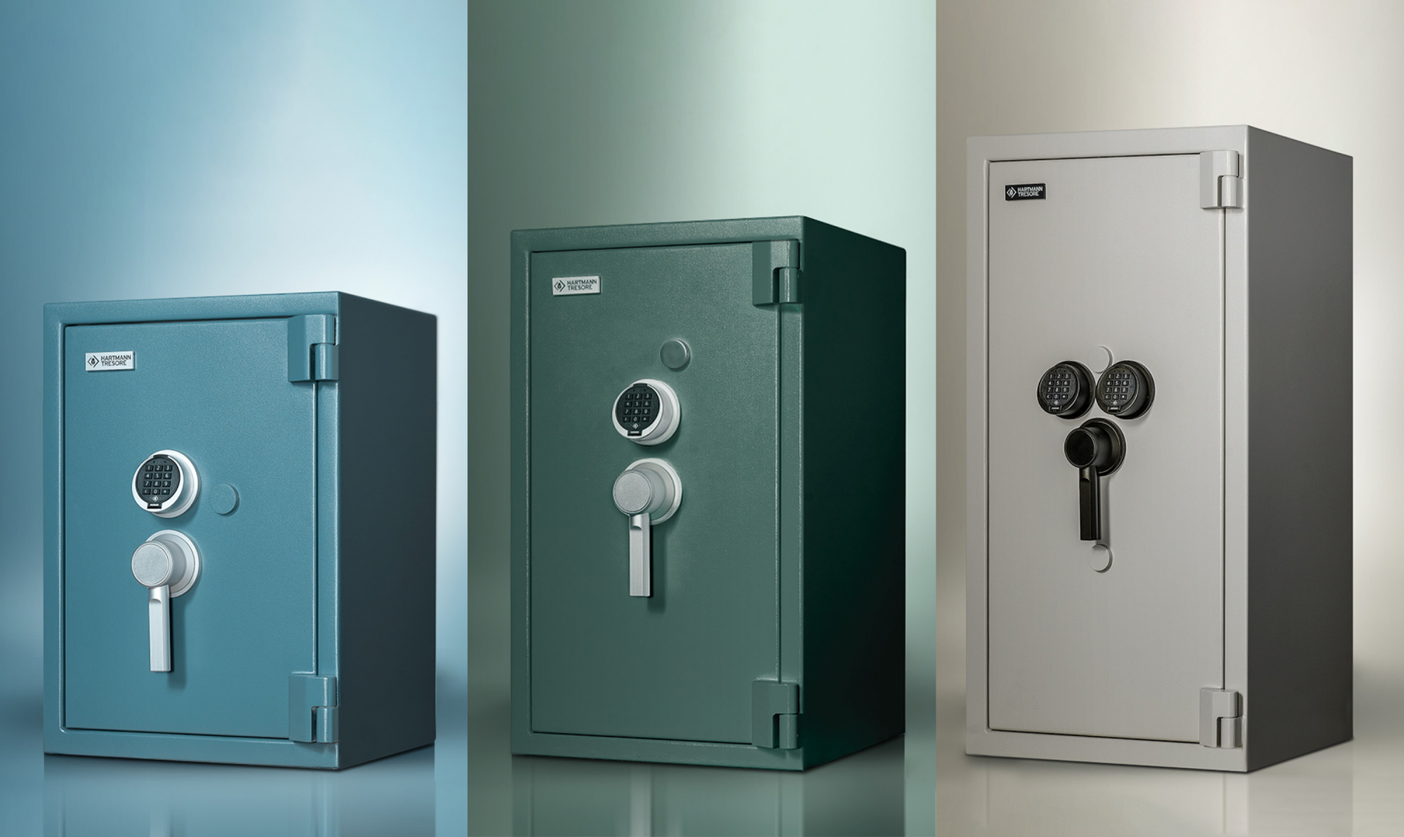 Alle-drei-Groeßen-der-Hartmann-Tresore-Braureihe-Simonas-von-rechts-nach-links-kleiner-blauer-Tresor-mittlerer-gruener-großer-beiger