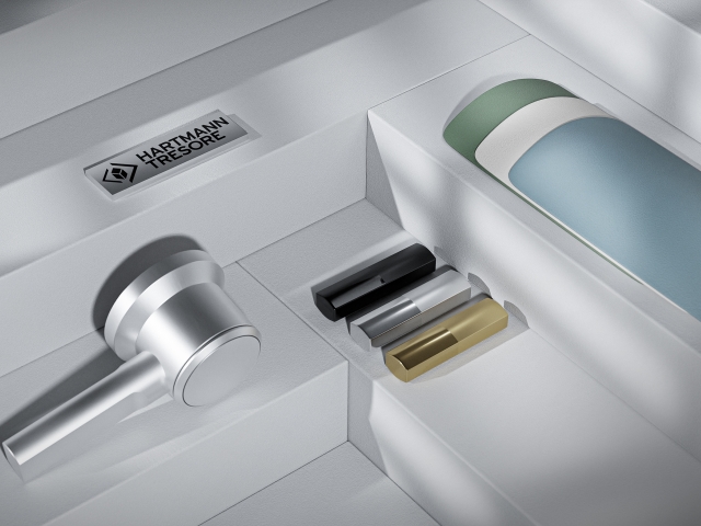 Materialmoodboard-mit-Farbproben-matt-und-glaenzend-dem-Hartmann-Logo-und-Tresorhebel