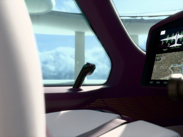 Seitliche-Detailansicht-des-Pilotensitzes-in-creme-weiß-mit-Screen-und-Steuerknueppel-links